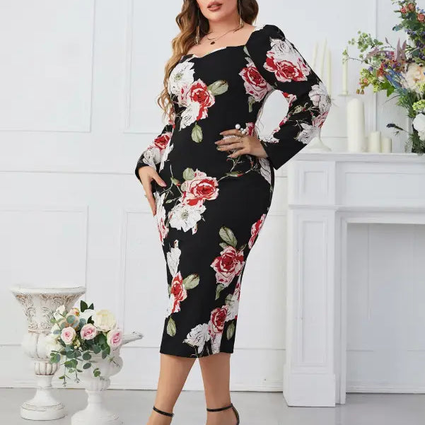 Elegant tight waist sheath dress featuring floral print midi design and split neckline