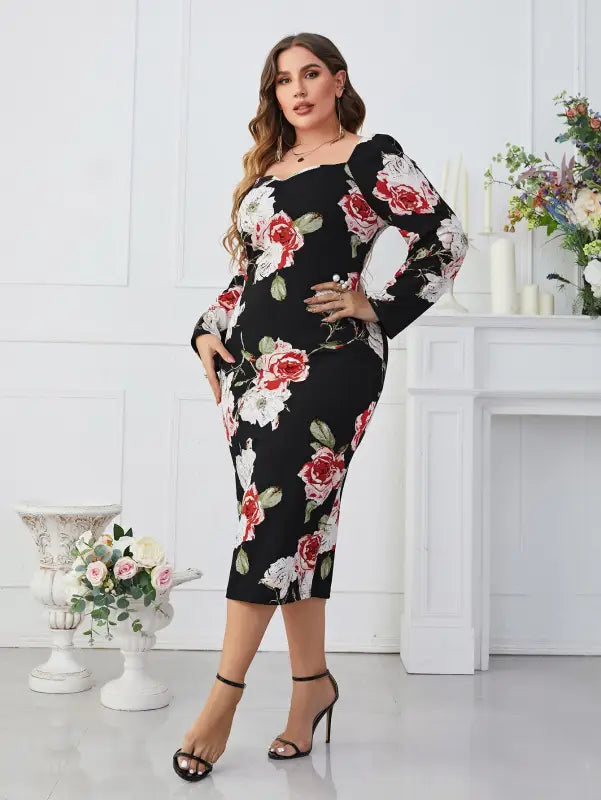 Elegant tight waist sheath dress featuring floral print midi design and split neckline
