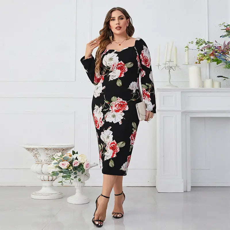 Elegant tight waist sheath dress featuring floral print and split neckline for sophisticated style