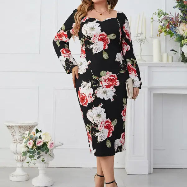 Elegant tight waist sheath dress with floral print and split neckline for plus size women