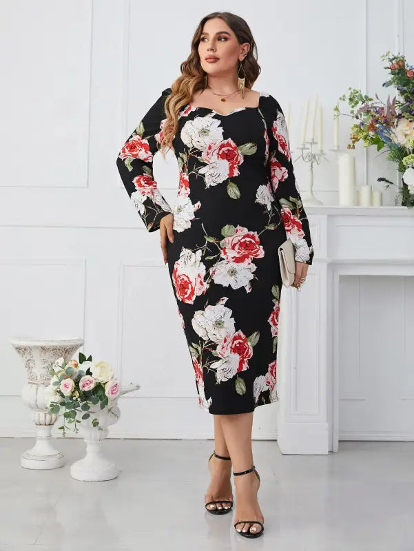 Elegant tight waist sheath dress with floral print and split neckline for plus size women