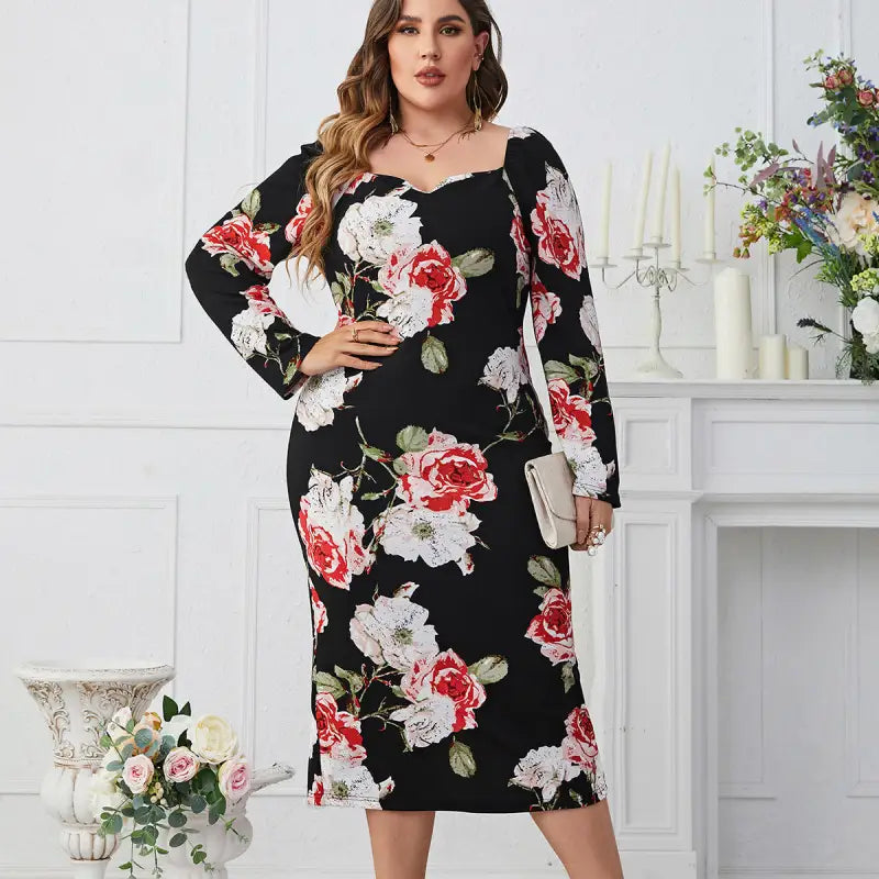 Elegant tight waist sheath dress with floral print and split neckline for chic style