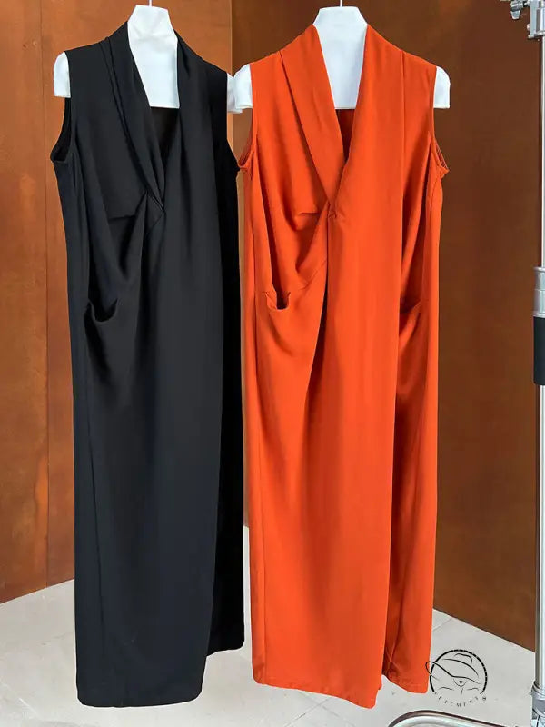 Elegant v neck long dress in black and orange with draped fronts