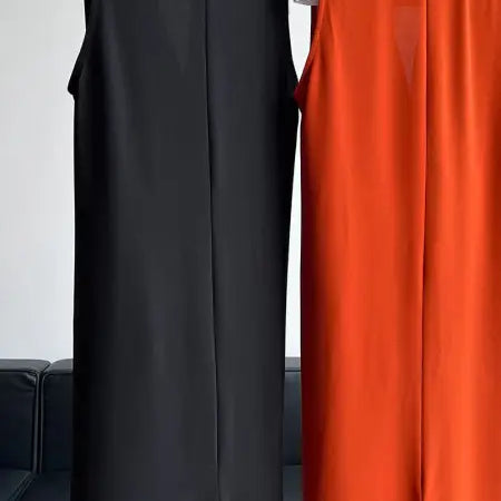 Two sleeveless, floor-length dresses with collars in black and orange.