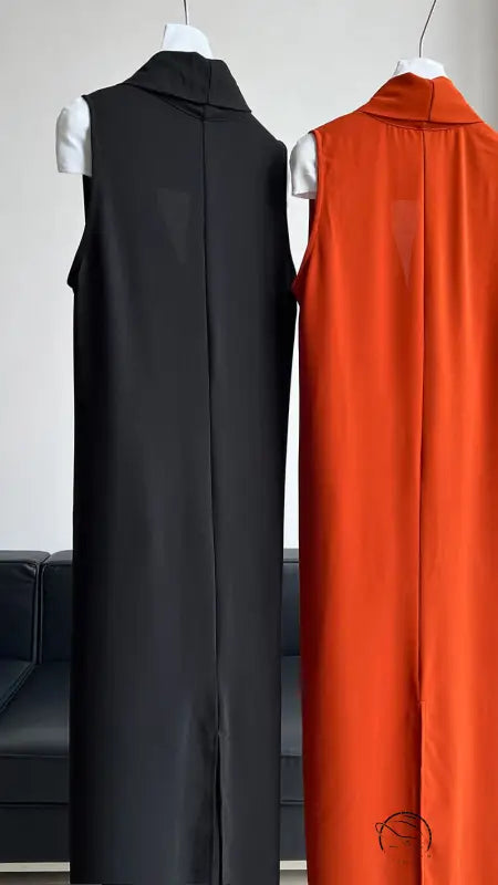 Elegant v neck long dress in black and orange with collars