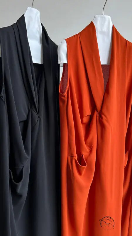 Elegant v neck long dress in black and orange sleeveless maxi styles