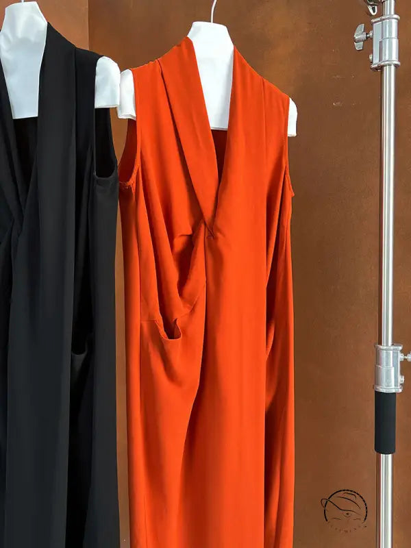 Elegant v neck long dress in bright orange with draped front and pockets