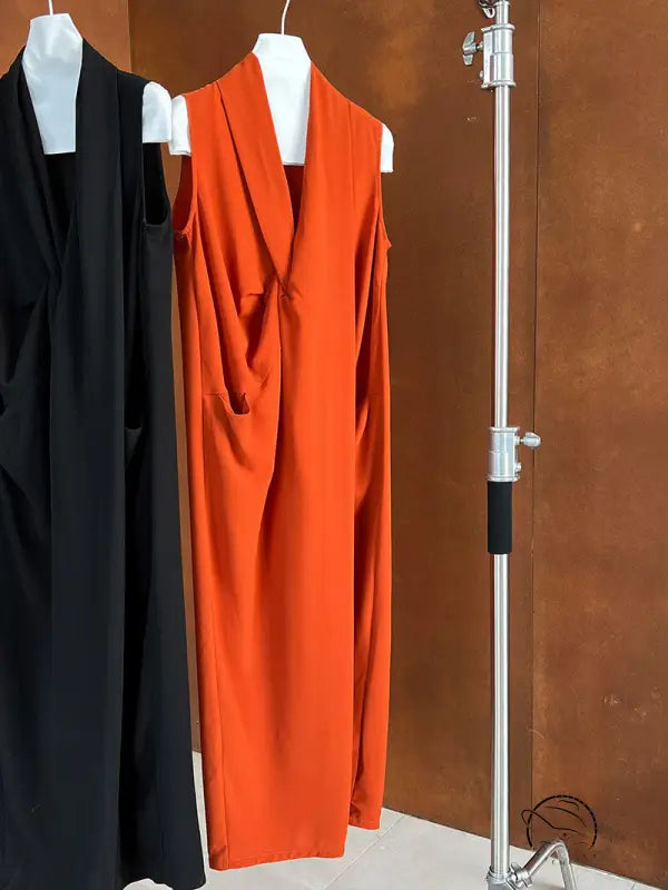 Elegant v neck long dress in bright orange with plunging neckline