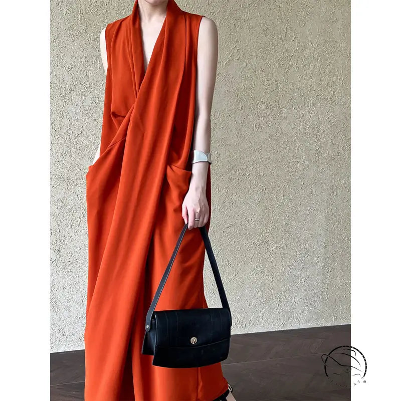 Elegant v neck long dress in bright orange with deep pockets