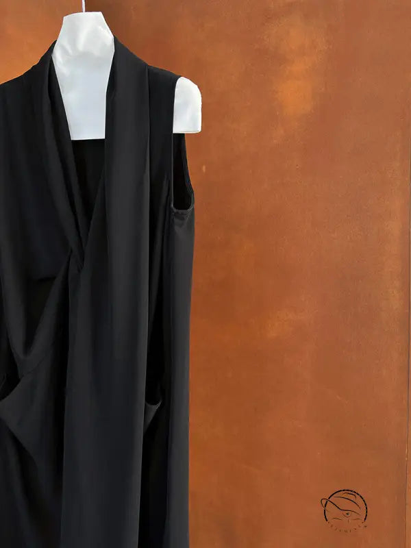 Elegant v neck long dress, black sleeveless wrap maxi with pockets