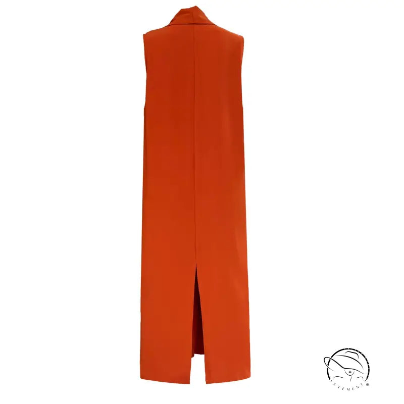 Elegant V-neck long dress with orange sleeveless coat