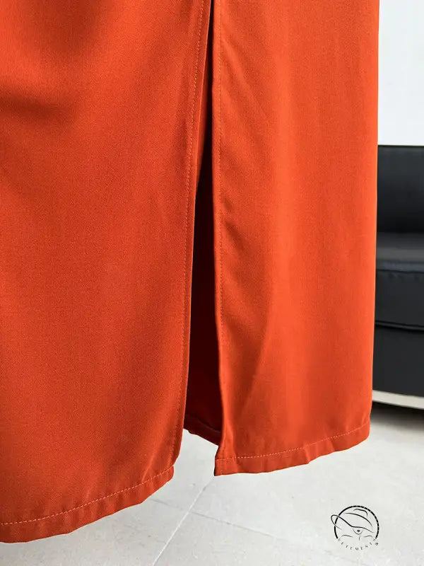 Elegant V neck long dress with bright orange pants slit detail