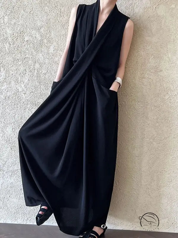 Elegant v neck long dress: sleeveless black maxi with draped wrap style and pockets