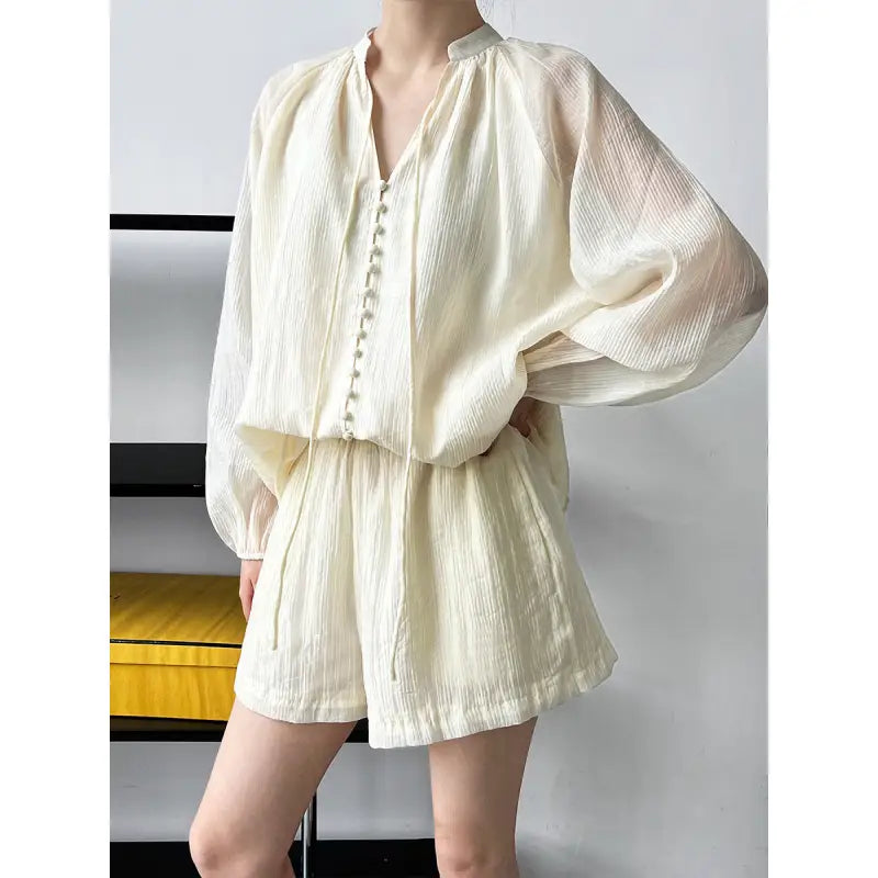 Cream-colored Elegant V-Neck Polyester Shirt with wide leg shorts in Oolong Tea Yellow