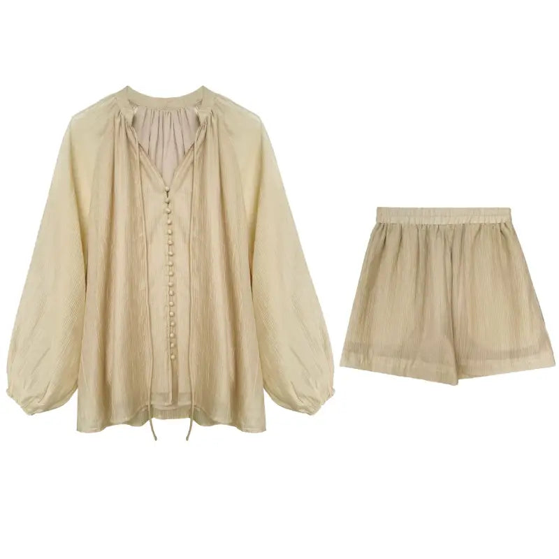 Beige Elegant V-Neck Polyester Shirt with Wide Leg Shorts in Oolong Tea Yellow Style