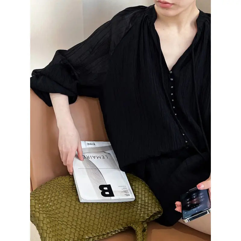 Black button-down blouse from the Elegant V-Neck Polyester Shirt for comfy shirt wide styles