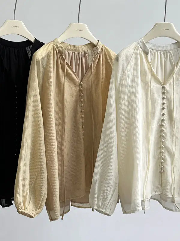 Three Elegant V-Neck Polyester Shirts for Comfy Style with Wide Leg Shorts