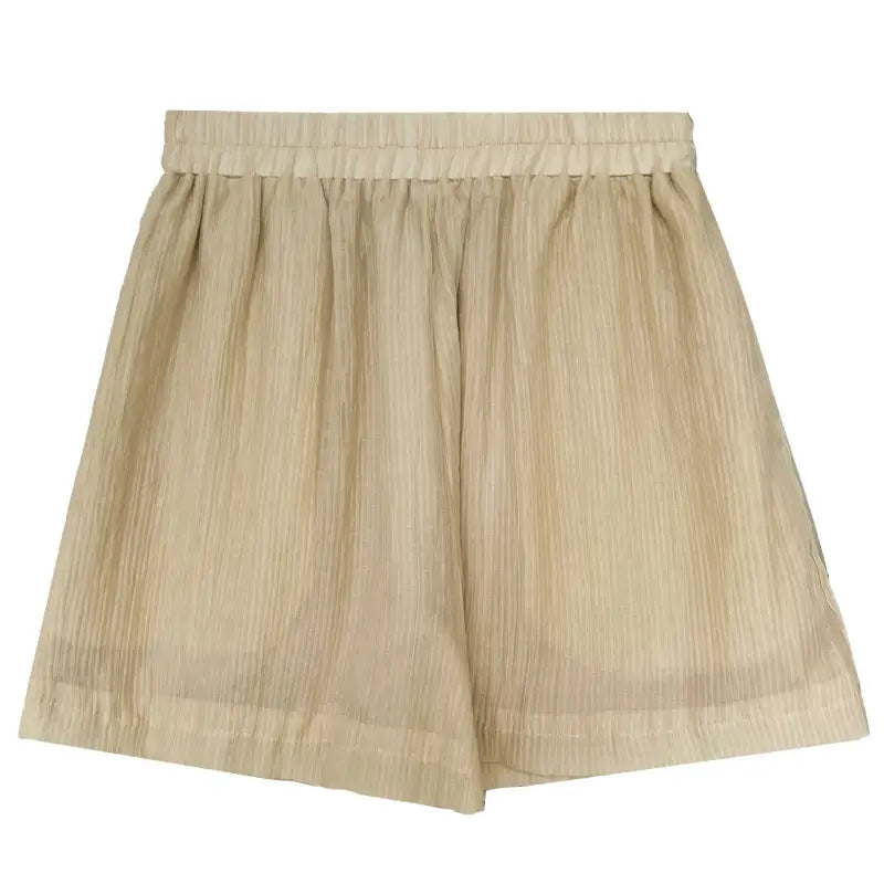 Beige elastic waist shorts paired with Elegant V-Neck Polyester Shirt for comfy style