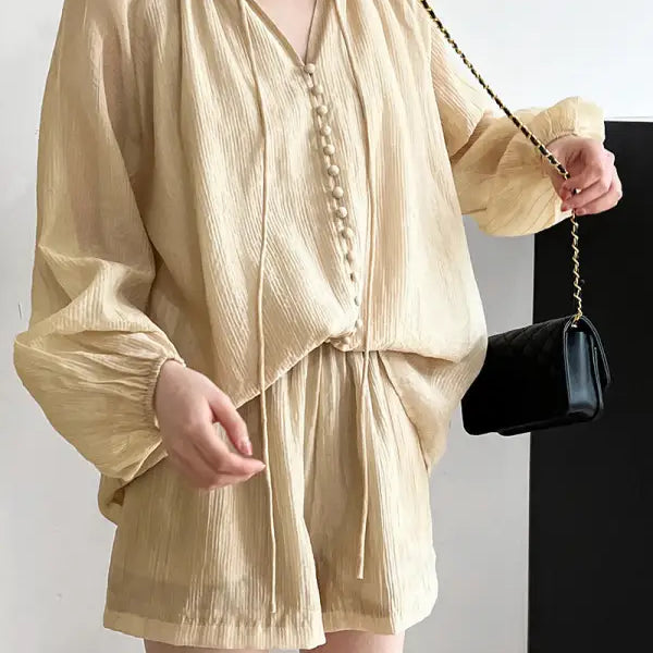 Beige textured blouse and wide leg shorts set for comfy style in Oolong Tea Yellow