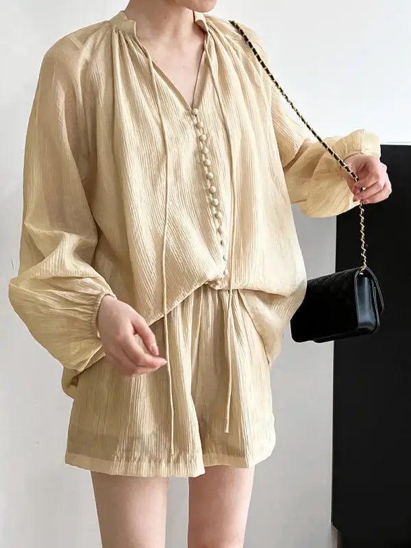 Beige textured blouse and wide leg shorts set for comfy style in Oolong Tea Yellow