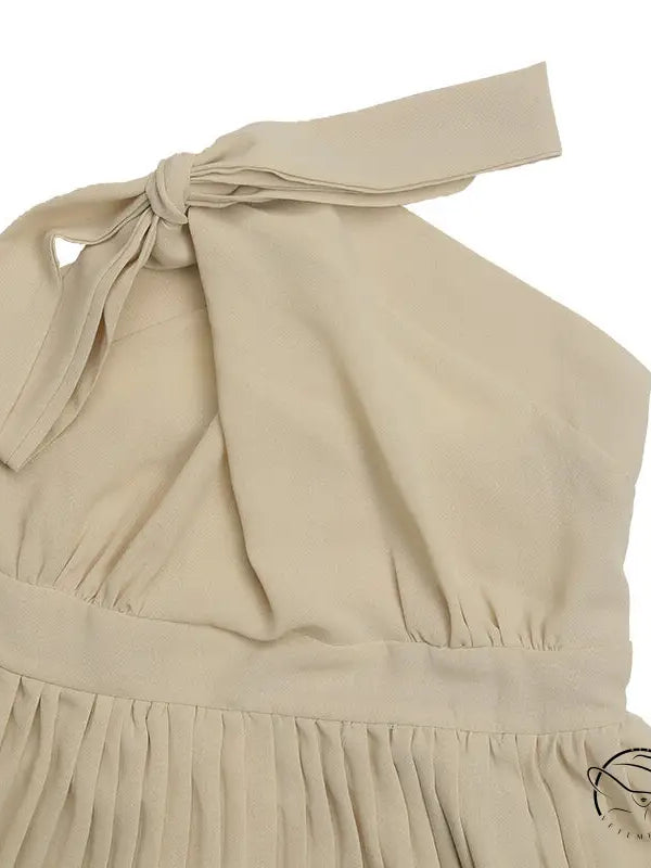 Elegant beige vacation halter pleated A-line midi dress with bow