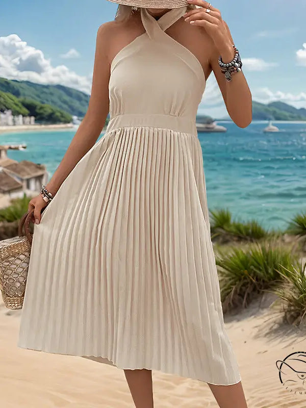 Elegant vacation halter pleated cream A-line midi dress