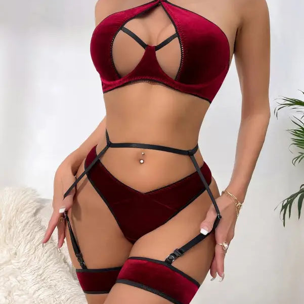 Elegant velvet lingerie set with burgundy velvet lingerie, cutout bras and panties