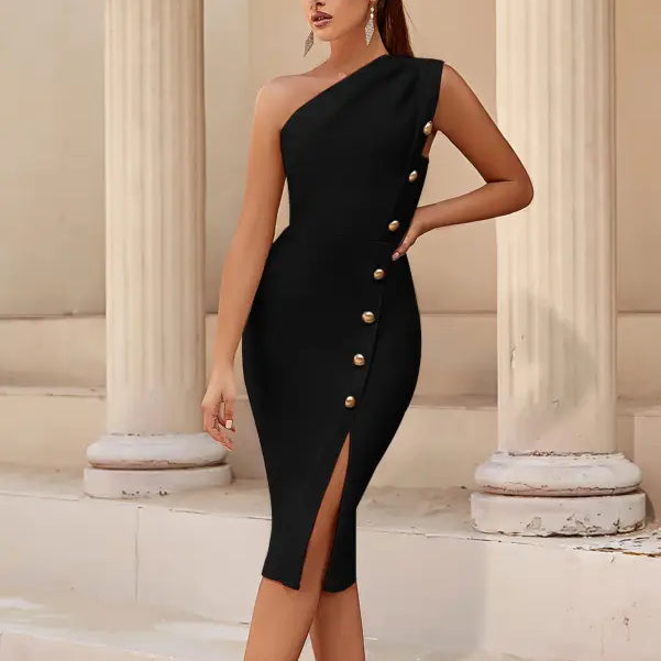 Elegant black one-shoulder dress with gold buttons and side slit featuring free shipping