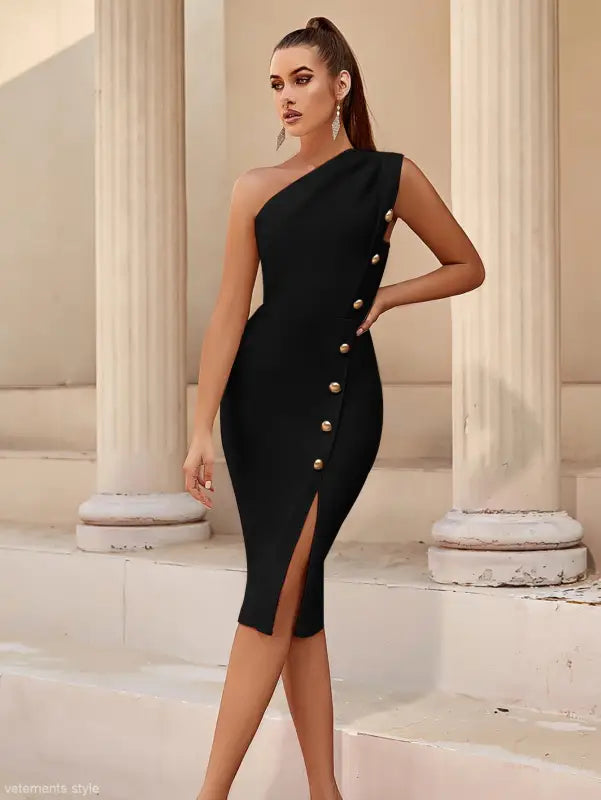 Elegant black one-shoulder dress with gold buttons and side slit featuring free shipping