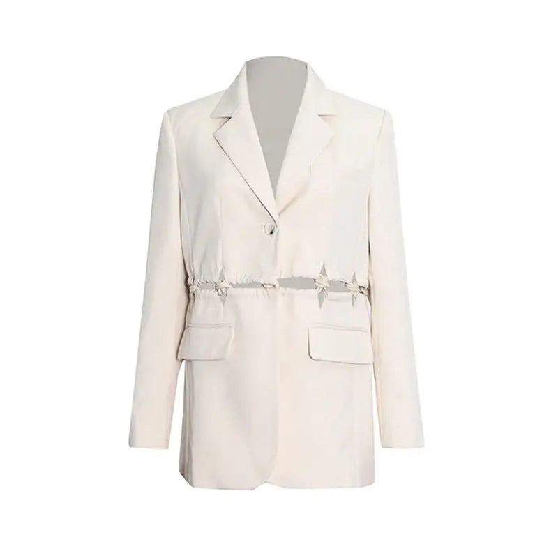 Elegant white simple blazer with distressed waistline detail, perfect for sophisticated style
