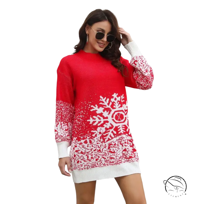Elegant red and white woolen snowflake jacquard lantern sleeve sweater dress