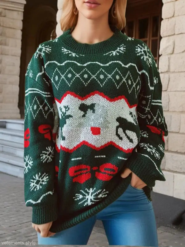 Green snowflake Christmas sweater from Elk Snowflake Christmas collection featuring casual long sleeve design