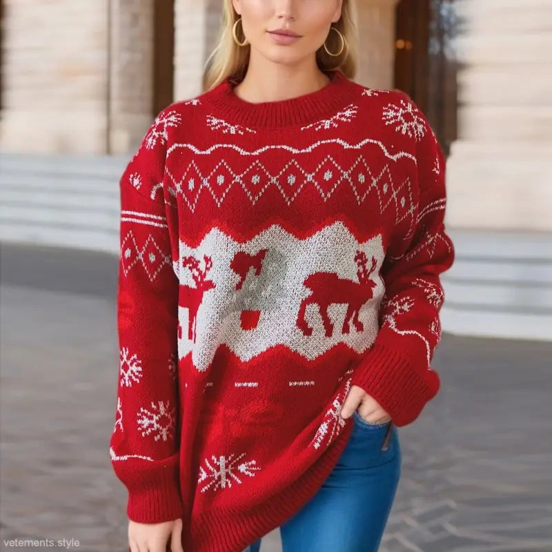 Red Elk Snowflake Christmas Sweater with reindeer motif, perfect for holiday wear