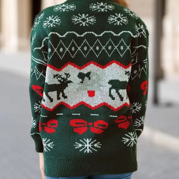Green Elk Snowflake Christmas Sweater with reindeer and snowflake patterns for holiday style