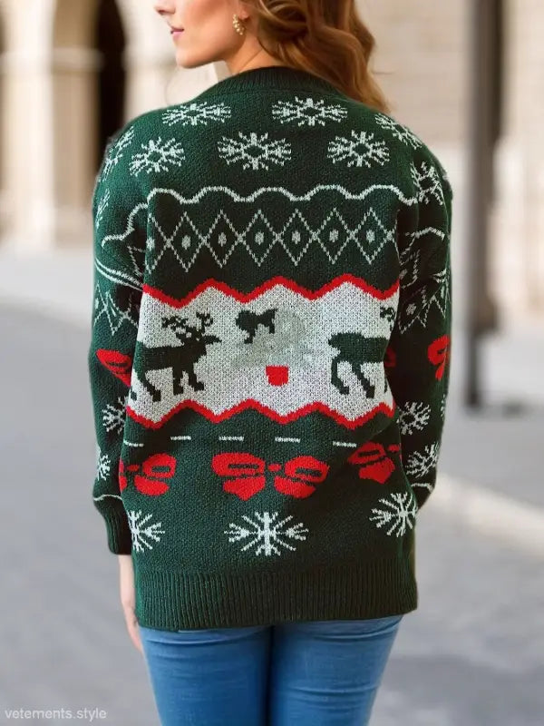 Green Elk Snowflake Christmas Sweater with reindeer and snowflake patterns for holiday style