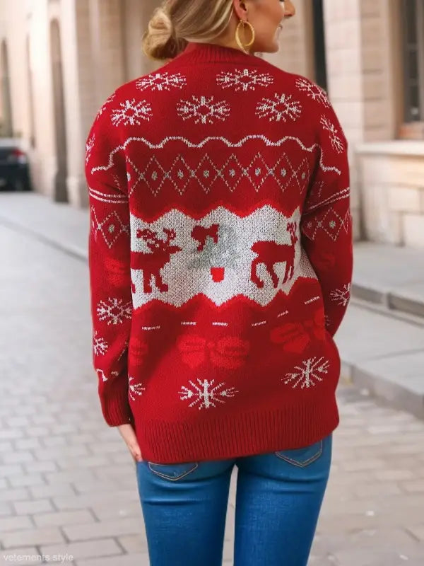 Red Elk Snowflake Christmas Sweater with reindeer pattern, perfect for festive occasions