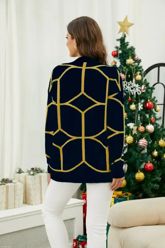Navy blue sweater with bold yellow contrast color pattern, ideal as knitted Christmas sweater