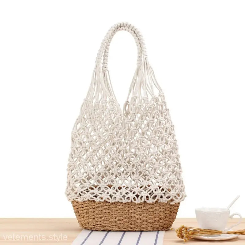 Macramé handbag with woven basket bottom and open-weave upper for your woven bag handmade