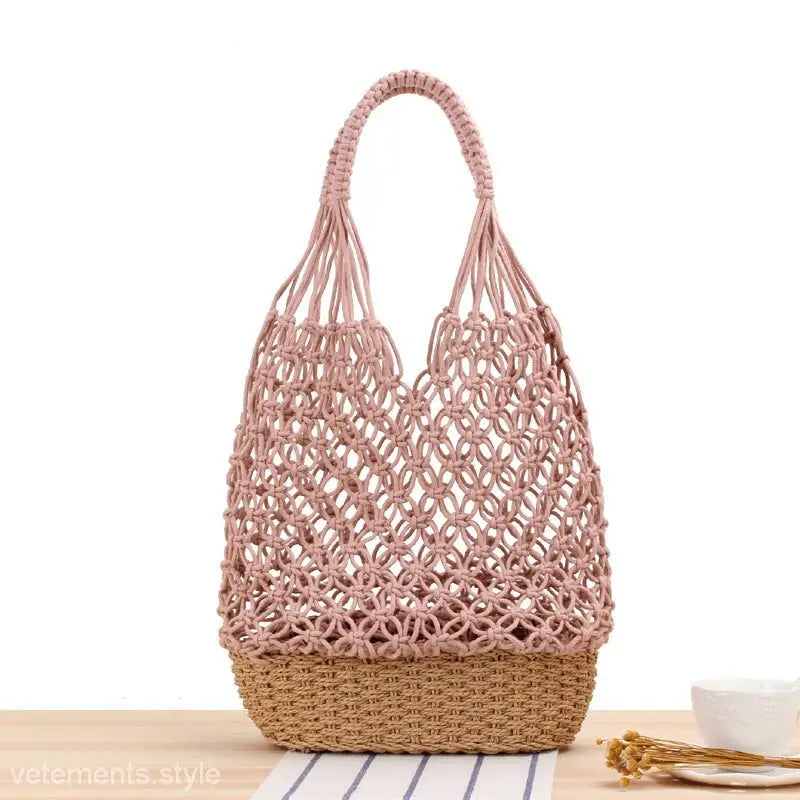 Pink macramé handbag with woven tan bottom, perfect for your woven bag handmade care