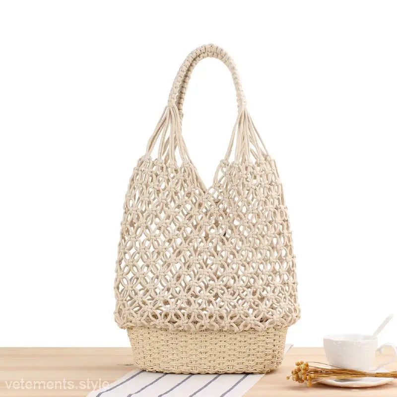 Woven macramé handbag showcasing netted design and solid base for a handmade woven bag