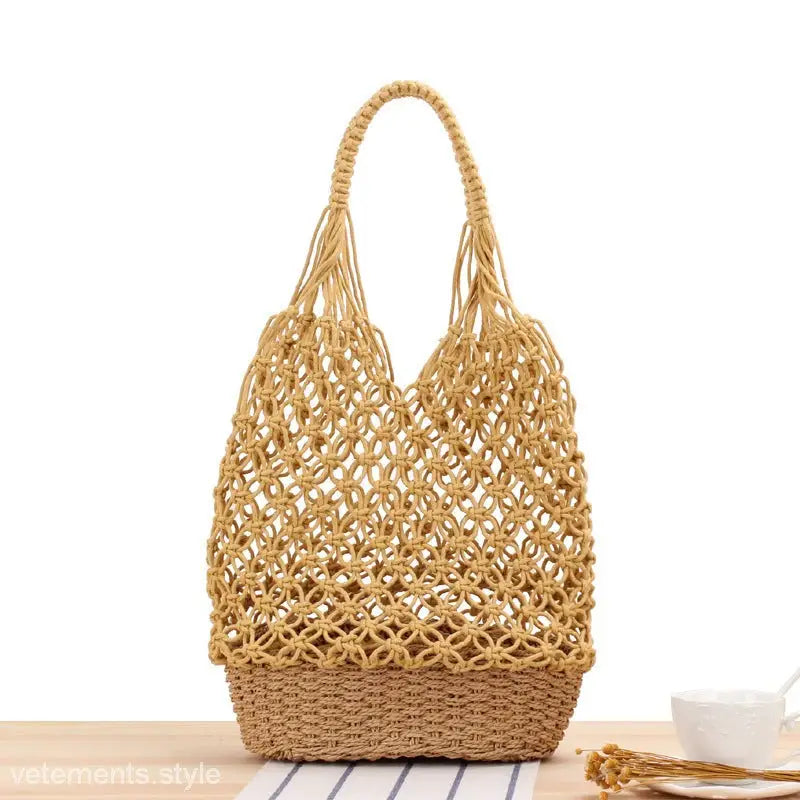 Woven straw handbag featuring open-knit design, ideal for maintaining your woven bag handmade