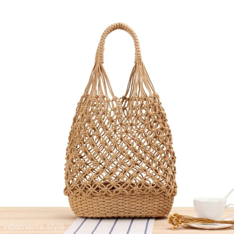 Woven straw handbag with open mesh design, perfect for maintenance of woven bag handmade