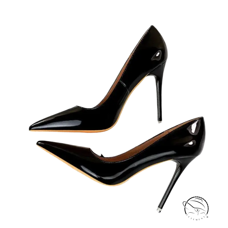 Black patent leather extreme high heels stiletto pumps with pointed toe