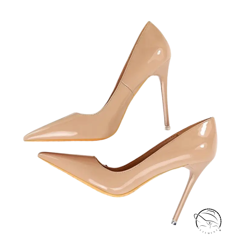 Beige patent leather extreme high heels stiletto pumps with pointed toe