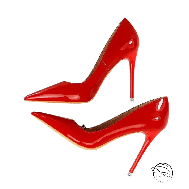 Bright red patent leather extreme high heels stiletto pumps with pointed toe