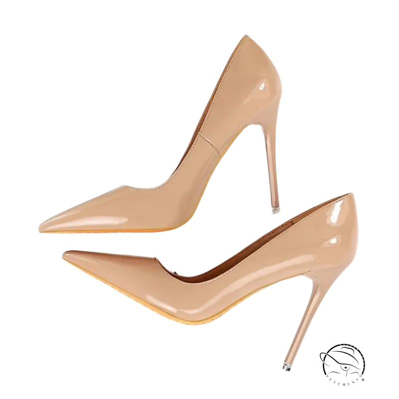 Beige patent leather extreme high heels stiletto pumps with pointed toe