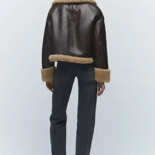 Brown faux leather jacket with shearling trim from Fabulse Winter Short Coat collection