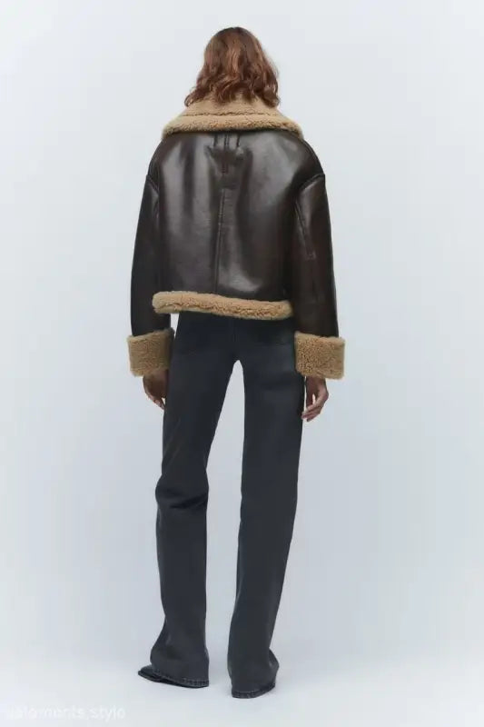 Brown faux leather jacket with shearling trim from Fabulse Winter Short Coat collection