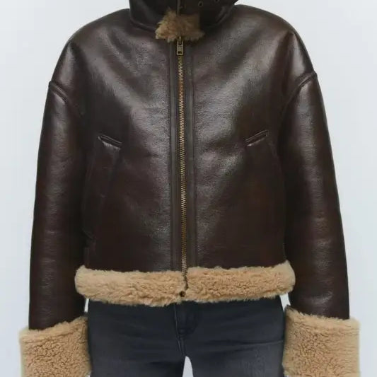 Brown leather aviator jacket with shearling trim from Fabulse Winter Short Coat collection