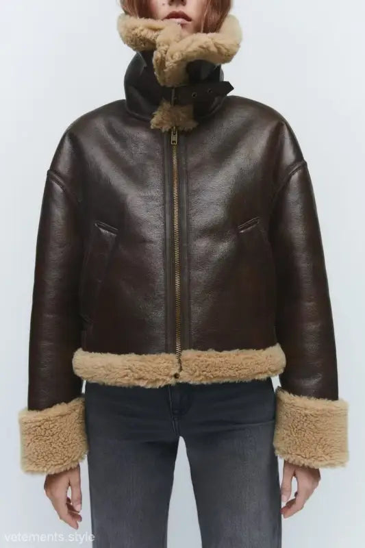Brown leather aviator jacket with shearling trim from Fabulse Winter Short Coat collection